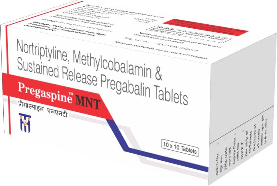 Pregaspine MNT carton — Nortriptyline, Methylcobalamin and Sustained Release Pregabalin tablets